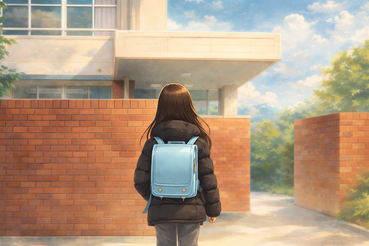 日本の小学校に体験入学する女の子の後ろ姿